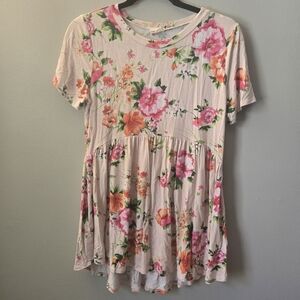 Womens Boutique Floral Babydoll Short Sleeve Shirt